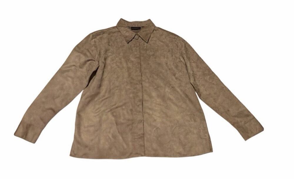 Classic Taupe Suede-Look Button-Front Blouse